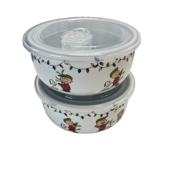 Peanuts Charlie Sally Brown Ceramic Bowls Set W/ Lids Christmas Holiday 6 in - Picture 2 of 8
